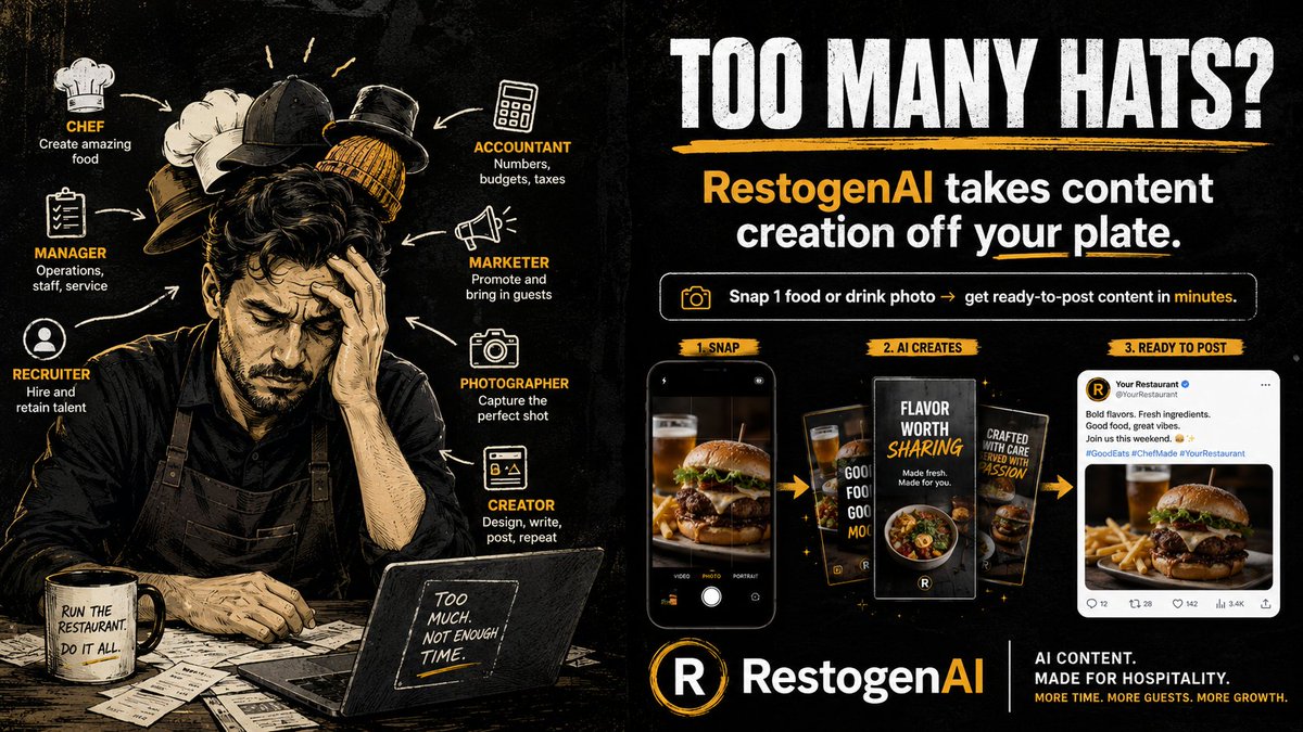 restogenAI's tweet photo. Running a bar/bistro/cafe already means wearing too many hats, so RestogenAI takes content creation off your plate.
Snap one food or drink photo and get ready-to-post social content in minutes. 
https://t.co/vDqmf0zTD8 https://t.co/LFcx9z9wvH
