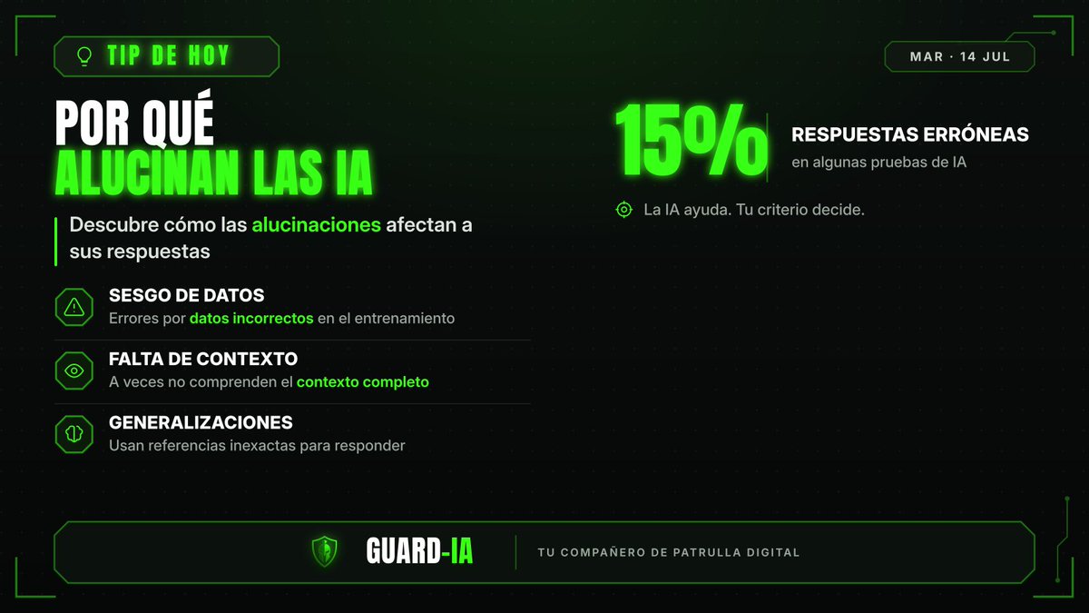 GUARD_IA_APP's tweet photo. Las IA pueden alucinar debido a sesgos en los datos, falta de contexto o generalizaciones inexactas, afectando así sus respuestas. Se estima que un 15% de sus respuestas pueden ser erróneas. Aprende a diferenciar lo real de lo inventado. https://t.co/UBxnOSJsRz