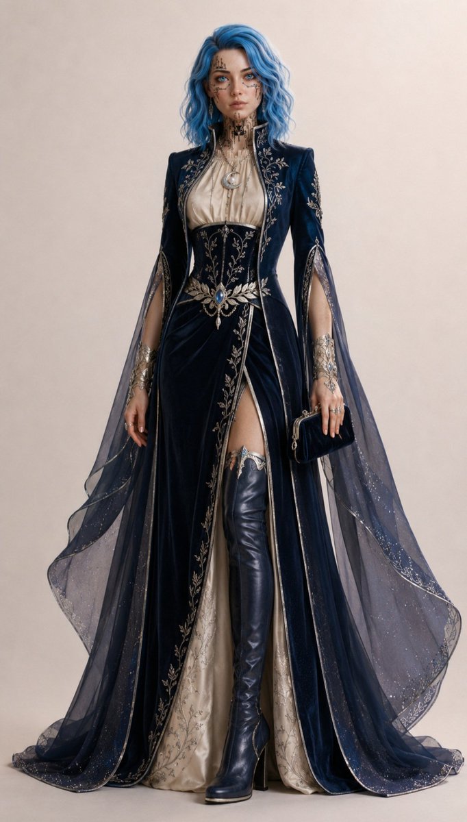 JemiVraxIS's tweet photo. Premium VraxIS Outfit Prompt 014

Upper Body

Tailored fitted longline fantasy coat in rich midnight navy, extending to the ankles with a clean front opening.

Sculpted high standing collar framing the neck with elegant architectural lines.

Soft champagne silk blouse beneath featuring a gathered neckline and fitted cuffs.

Structured embroidered waist corset crafted from midnight velvet with intricate silver vine embroidery.

Elegant split sleeves combining fitted upper arms with flowing open draped panels from the elbows.

Lower Body

Full-length column skirt crafted from luxurious midnight velvet, creating a tall, graceful silhouette.

Deep side split revealing a champagne silk underlayer that moves elegantly while walking.

Wide embroidered waist sash featuring polished silver leaf-inspired detailing.

Hidden stretch lining allowing unrestricted movement while maintaining a refined tailored appearance.

Rear inverted pleat providing graceful movement without excessive volume.

Footwear

Elegant thigh-high leather boots finished in deep midnight blue.

Sculpted block heel providing confident posture and comfort.

Polished silver trim surrounding the upper boot edge.

Soft suede interior with memory cushioning.

Flexible segmented sole concealed beneath the elegant exterior.

Accessories

Long flowing shoulder mantle secured beneath the collar, crafted from sheer midnight organza with a subtle iridescent shimmer.

Delicate silver necklace featuring a crescent moon pendant with a luminous pearl centre.

Elegant silver forearm cuffs engraved with intertwining woodland branches.

Small structured velvet clutch finished with polished silver hardware.

Fine crystal drop earrings inspired by moonlight reflecting on water.

Slim silver rings featuring engraved botanical motifs.

Materials

Premium velvet.

Luxury silk.

Soft suede.

Lightweight organza.

Brushed silver alloy.

Embroidered metallic thread.

Natural pearl and crystal accents.

Colour Palette

Midnight navy.

Champagne gold.

Soft ivory.

Silver.

Moonlit pearl.

Deep sapphire accents.