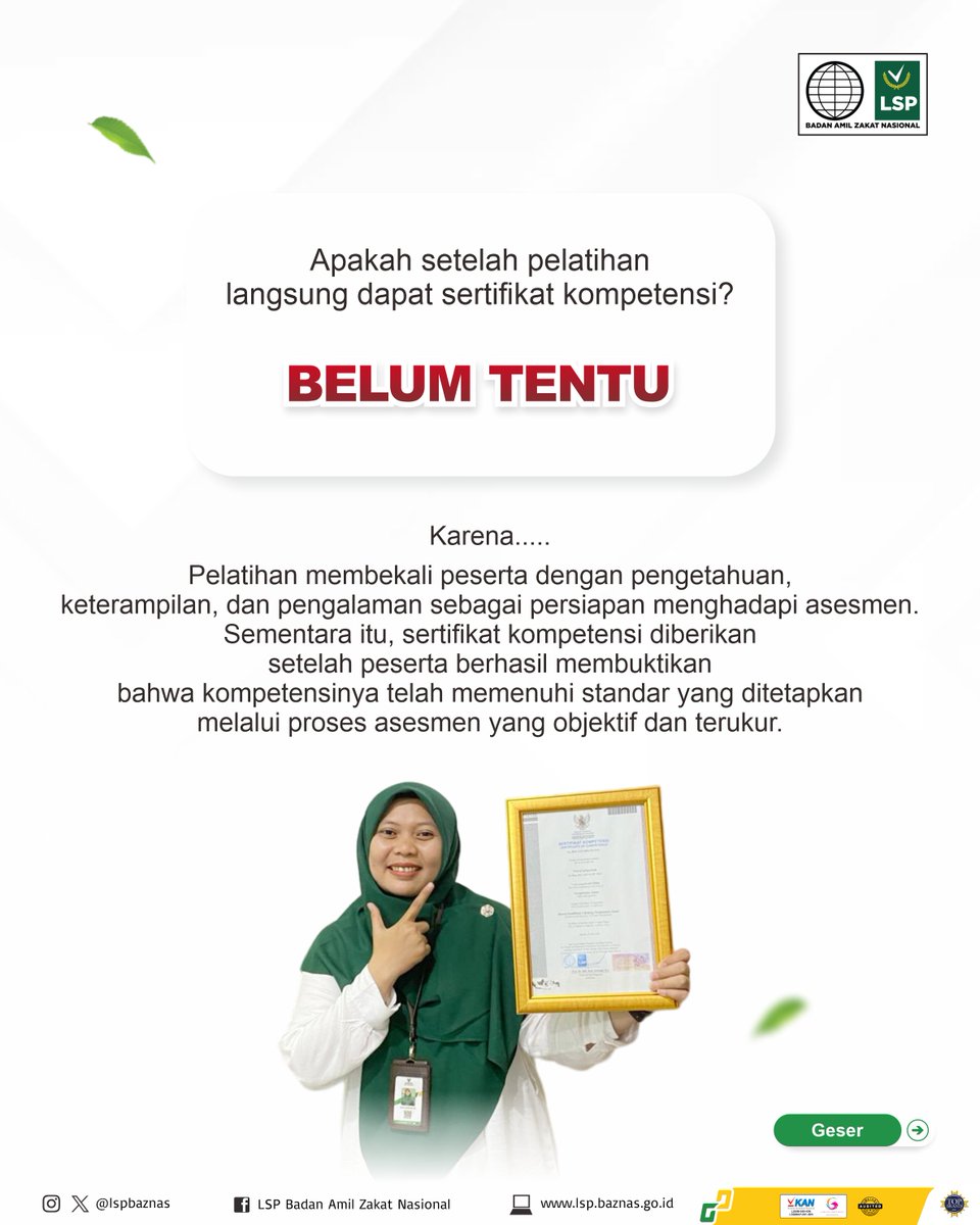 LspBaznas's tweet photo. 📚 Pelatihan dan Sertifikasi, Apa Bedanya?

Masih banyak yang mengira pelatihan dan sertifikasi adalah hal yang sama. Padahal, keduanya memiliki peran yang berbeda namun saling melengkapi dalam membangun SDM yang kompeten. https://t.co/1g77klRANP