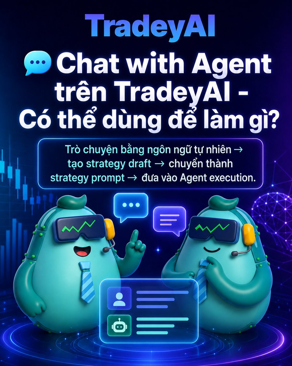 contentos_vn's tweet photo. 💬 Chat with Agent trên TradeyAI có thể làm gì?

Bạn có thể mô tả phương pháp trading, mức độ rủi ro, tài sản muốn theo dõi và điều kiện vào/thoát lệnh bằng ngôn ngữ tự nhiên.

TradeyAI có thể hỗ trợ bạn từ:

Ý tưởng chiến lược → Strategy Draft → Strategy Prompt → Agent Execution → Performance Review → Tối ưu liên tục

🛠️ Team đang tích cực #building các cập nhật lớn để hỗ trợ tốt hơn cho professional traders và strategy creators.

⚠️ Không cam kết lợi nhuận. Không phải lời khuyên đầu tư.

#TradeyAI #AITradingAgent #ChatWithAgent #Web3AI #LLM