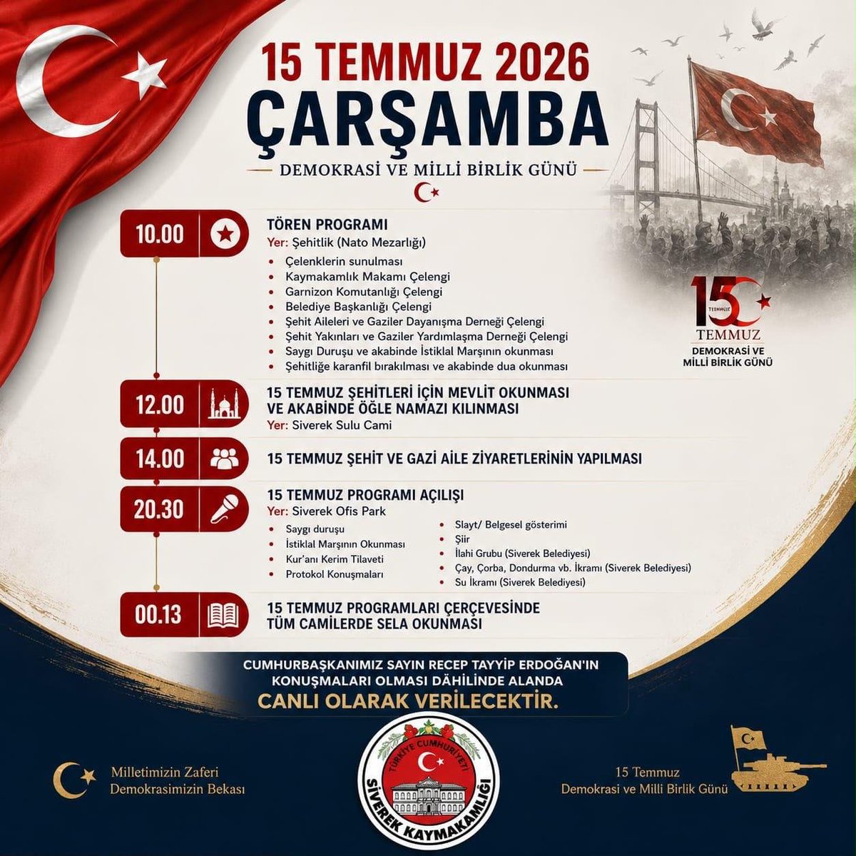 Siverekbld's tweet photo. 15 Temmuz ruhunu yaşatmak, aziz şehitlerimizi rahmetle anmak ve milli birlik beraberliğimizi hep birlikte göstermek için düzenlenecek anma programlarına tüm hemşehrilerimizi davet ediyoruz.

#SiverekBelediyesi https://t.co/5a3kxpztnh