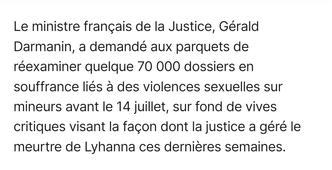 PChaibriant's tweet photo. Darmanin a demandé aux parquets de réexaminer +70000 dossiers de  violences sexuelles sur enfants avant le 14 juillet.
💡C'est sûrement pas fait.
Il ne réveille pas des juges en pleine nuit pour passer à l'action, pourtant ça les dérange pas de se lever pour imposer un QR code. https://t.co/P9nG0jBDSb