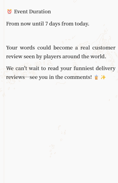 BobaCafeSim0's tweet photo. 🧋 Your Delivery Review Could Appear in Boba Cafe Simulator!

📮 How to Participate
Simply leave your review in the comments below!
#cozygames #simulationgame #coopgames #bubbletea #cookinggame #cafesimulator #steam #indiegame #cozygaming #simulator https://t.co/k4eZsjKOxe
