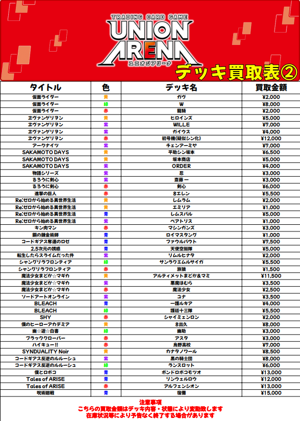 ユニオンアリーナ】買取情報 デッキ買取表を更新致しました‼ 掲載