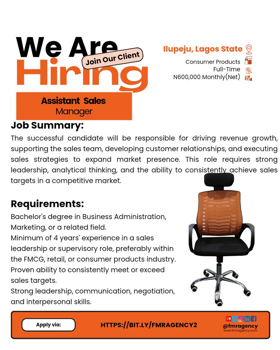 FmrAgency's tweet photo. Job Title: Assistant Sales Manager
Industry: FMCG / Retail / Consumer Products
Salary: ₦600,000 Monthly (Net)
Location: Ilupeju, Lagos State
Work Mode: Onsite
Job Type: Full Time
Application Process
Interested candidates should apply
https://t.co/io4aa4HcVg https://t.co/dZb3b0ivnk