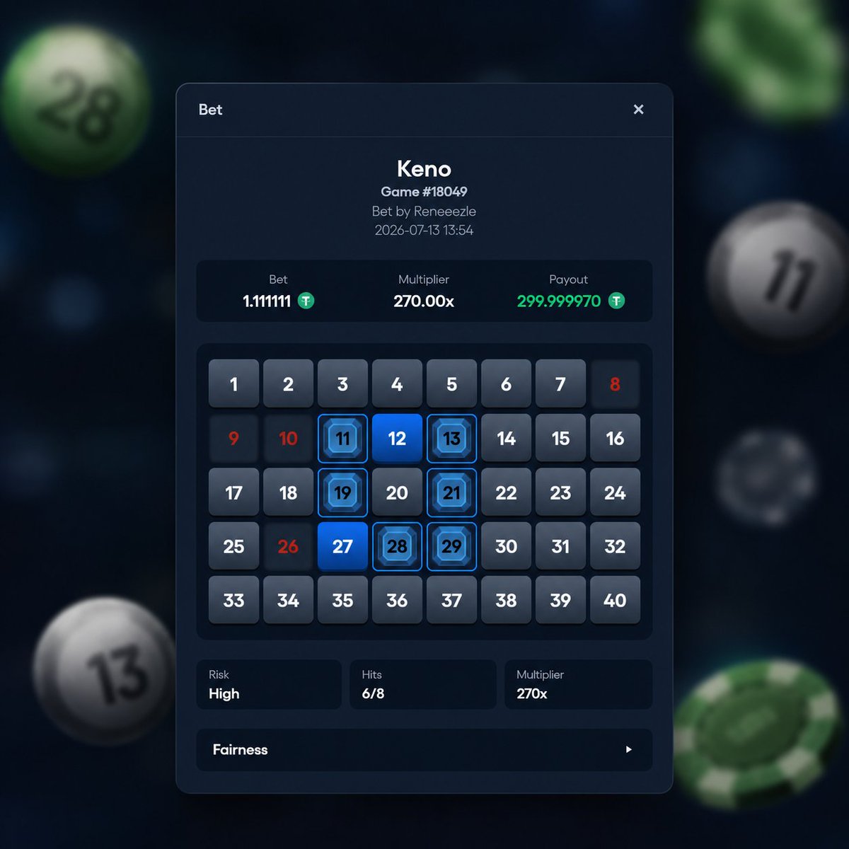 BasepokerHQ's tweet photo. Huge win on Keno | 👤User ID: Reneeezle 

Hit 270.00x on his 1.1 USDT bet 
💵 $299.99 payout https://t.co/UoICOwWeD7