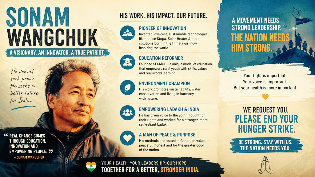 kunalkadam10's tweet photo. Your fight has awakened the nation. Your message has been heard.
Now India needs your leadership more than your sacrifice.
Please end your hunger strike and continue leading the movement.
#SonamWangchuk #India #Leadership https://t.co/kybwLie8Td
