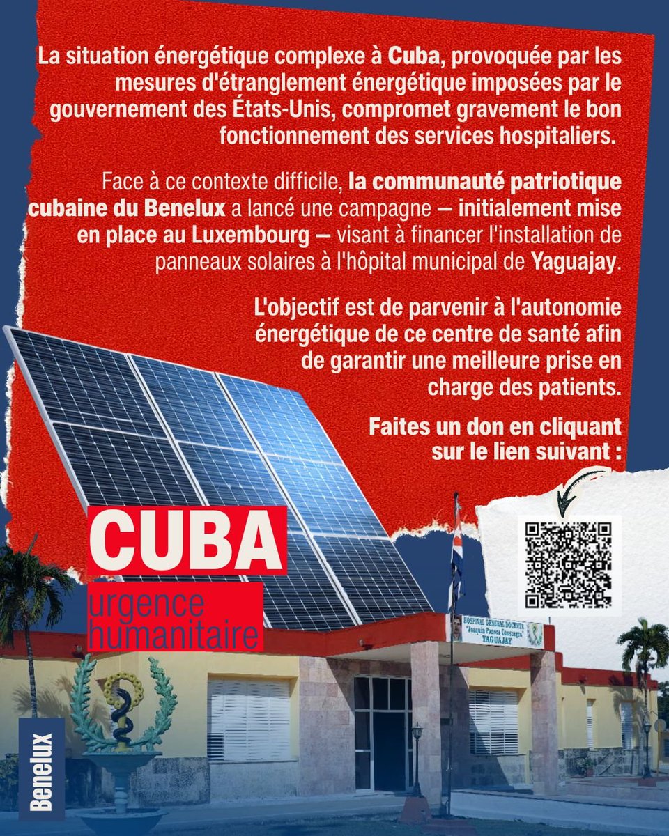 EmbaCubaBelgica's tweet photo. 🔴La communauté patriotique cubaine du Benelux se mobilise pour la santé à #Cuba 🇨🇺. ☀️🏥

➡️Soutenez la campagne visant à installer des panneaux solaires à l'hôpital de Yaguajay.

👇 *Faites un don et apportez votre soutien :*
ℹ️🔗https://t.co/ArjDrwoqdC

#JuntosXCuba https://t.co/3PIZl0NPYh