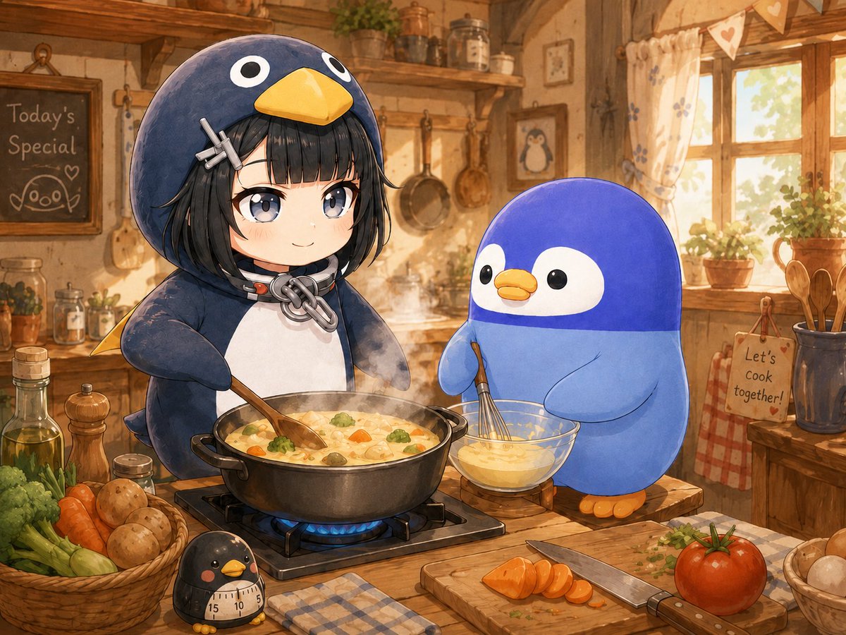 peeeengry's tweet photo. [2 Weeks with #Gugugaga ]
Day 13  
Master Chef  

The penguin and Guga are cooking dinner together.  

Tasty smell wafts through the air, making you feel relaxed.  

What is on your plate for dinner tonight?   

#咕咕嘎嘎 partypopbubblyz https://t.co/R73S7TEVix