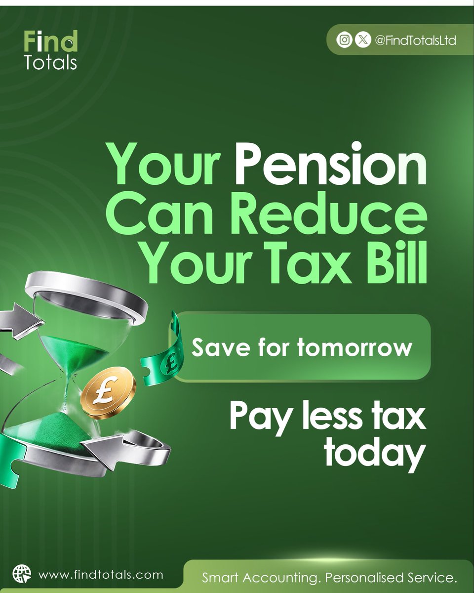 FindTotalsLtd's tweet photo. Pension contributions can do more than build your retirement fund—they may also reduce your tax bill today.

✔ Reduce taxable income
✔ Improve tax efficiency
✔ Provide extra relief for higherrate taxpayers

A simple way to grow long-term wealth while managing your tax position https://t.co/m0YYna7dXP