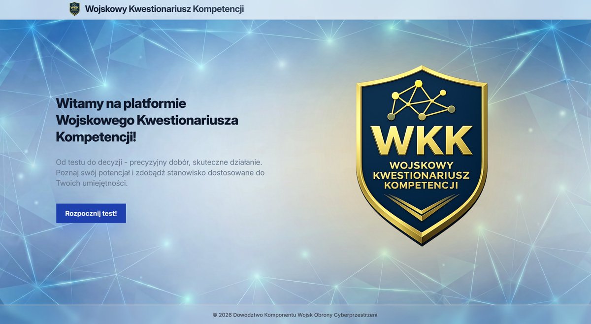 CyberWojska's tweet photo. 🖥️ Ruszył pilotaż Wojskowego Kwestionariusza Kompetencji (WKK).

🟢 Eksperci #DKWOC opracowali platformę informatyczną wspierającą ocenę kompetencji oraz proces kwalifikacji osób rozpoczynających służbę wojskową.

🟢 WKK umożliwia analizę kwalifikacji, doświadczenia i kompetencji użytkowników, wspierając tworzenie profilu kompetencyjnego oraz dobór odpowiednich obszarów służby i specjalności wojskowych. 

🟢 Przed rozwiązaniem testu użytkownik uzupełnia elektroniczną metryczkę. Zawiera ona informacje o wykształceniu, doświadczeniu zawodowym, kwalifikacjach, znajomości języków obcych i zainteresowaniach.

🟢 Test obejmuje dwa obszary: ogólny i techniczny. Każdy z nich składa się z 90 pytań obejmujących sześć dziedzin wiedzy.

🟢 Test wykorzystuje mechanizm adaptacyjny. Oznacza to, że kolejne pytania dobierane są na podstawie wcześniejszych odpowiedzi użytkownika i prezentowanego przez niego poziomu wiedzy.

🟢 Po zakończeniu testu tworzony jest profil kompetencyjny użytkownika. Powstaje on na podstawie analizy wyników oraz danych przekazanych przez użytkownika.

🟢 Algorytm kwalifikacyjno-rekomendacyjny wspiera dobór odpowiednich obszarów służby, grup stanowisk i specjalności wojskowych.

🟢 Dziś rozpoczął się program pilotażowy. Obejmuje on 15 jednostek wojskowych z terenu całego kraju, a jego zakończenie zaplanowano na przełom 2026 i 2027 roku. Wyniki pilotażu zostaną wykorzystane w dalszym rozwoju i wdrażaniu systemu.

Więcej o projekcie przeczytasz w artykule na naszej stronie. Link do artykułu w komentarzu ⤵️