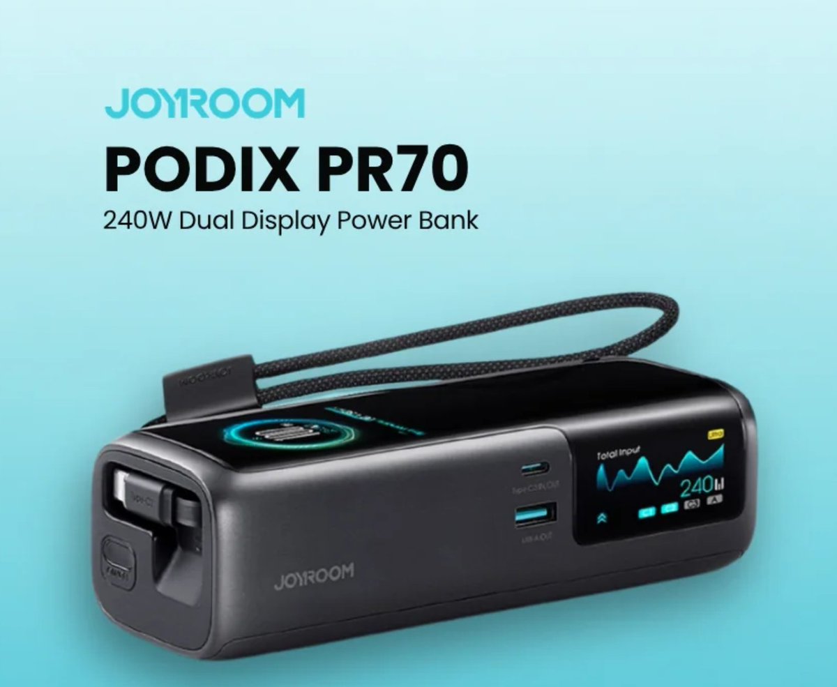 stufflistings's tweet photo. A power bank with a 25,000mAh battery, 240W total output, two built-in displays, and 2 integrated retractable cables.

The Joyroom Podix PR70... https://t.co/mmvfTPwfhN