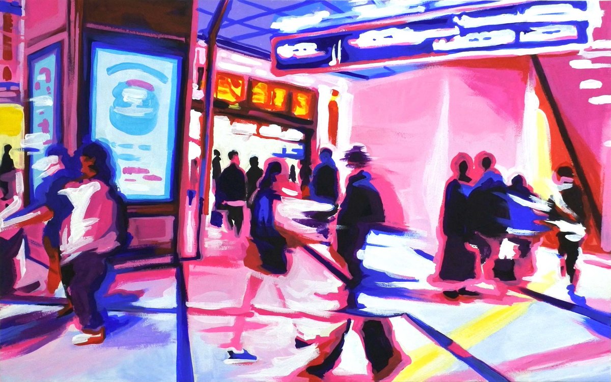 行き交う人々 Crossing Pedestrians アクリル絵の具 木製パネル、麻紙