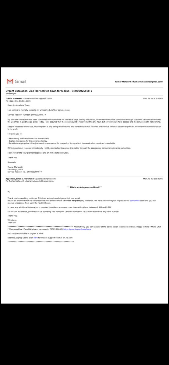 phoenix_0021's tweet photo. Dear @JioCare 

My JioFiber (SR00002MFXTY) has been down since 09 Jul. I visited Jio Darbhanga office 4times. Paid for AirFiber today, still not installed. My business is suffering due to Jio's negligence. Resolve immediately or I will pursue this through @nch1915 and all forums https://t.co/aWy6PJDi1u