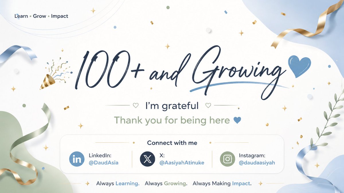 AasiyahAtinuke's tweet photo. 🔵 Good morning, friends

Just wanted to say thank you for helping us reach 100+ followers 💙

Every follow and interaction means a lot

Here's to continuous learning, growth, and sharing this journey with you 🥂 https://t.co/aiS8H8qOi9