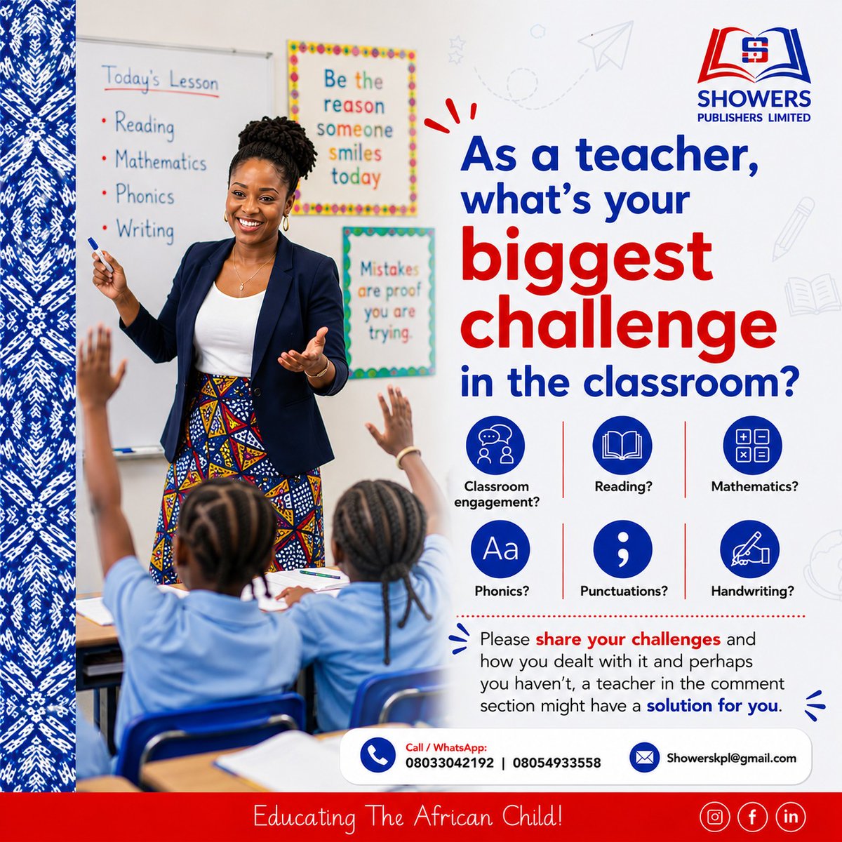 ShowersPl's tweet photo. Teachers, let's hear from you! What's the biggest challenge you face when teaching pupils? Is it Classroom engagement? Reading? Mathematics? Phonics? Puntuations? Handwriting? Lesson planning? Slow learners? Or Parents involvement?
Share your thoughts in the comments! https://t.co/2rZseIjHyb