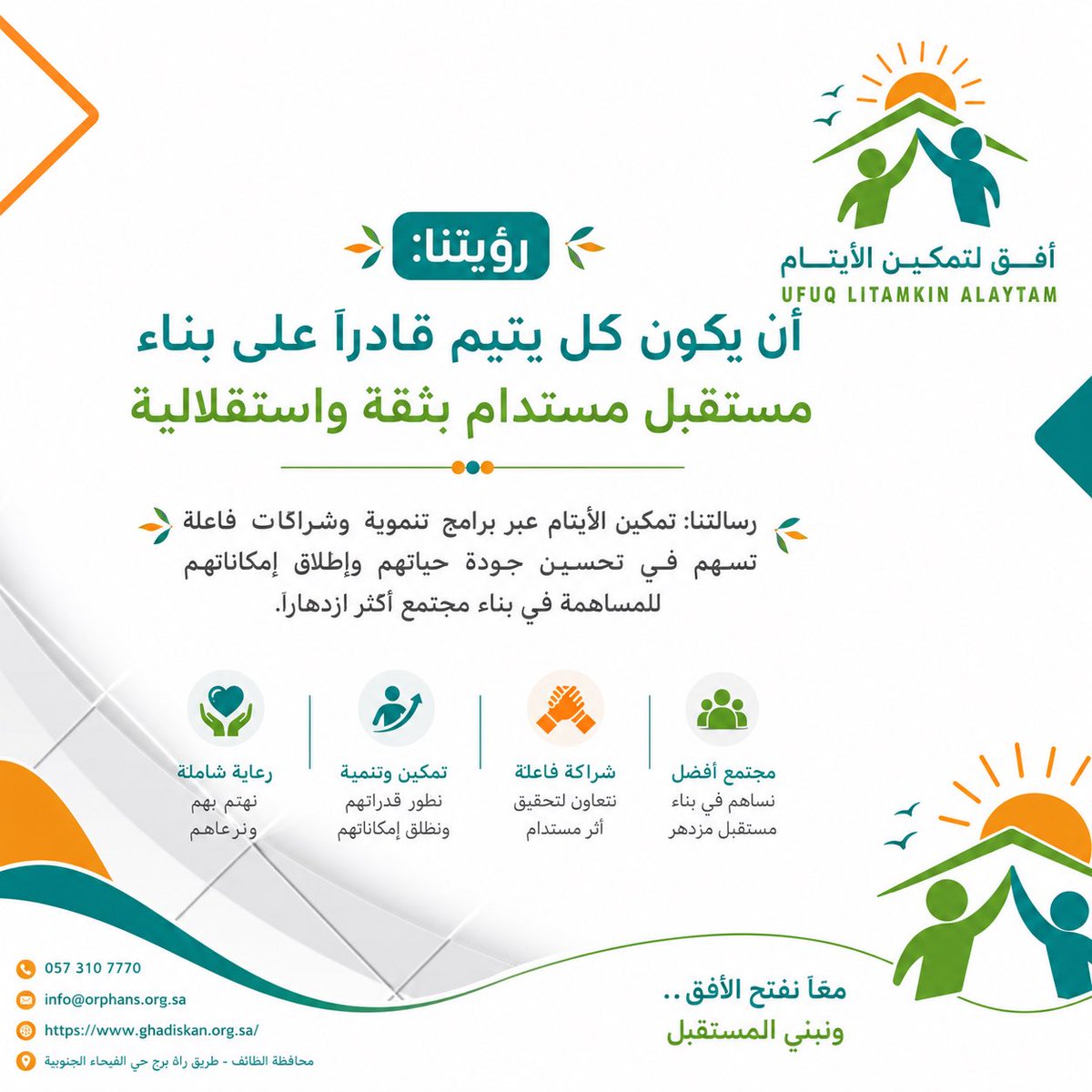 afq_as1's tweet photo. رؤيتنا أن يكون كل يتيم قادرًا على بناء مستقبل مستدام بثقة واستقلالية؛ ومن هذا المنطلق نعمل في جمعية أفق لتمكين الأيتام على تقديم برامج تنموية وشراكات فاعلة تسهم في تحسين جودة حياتهم، وتنمية قدراتهم، وإطلاق إمكاناتهم نحو مستقبل أكثر إشراقًا. https://t.co/nWKdiZLE0s