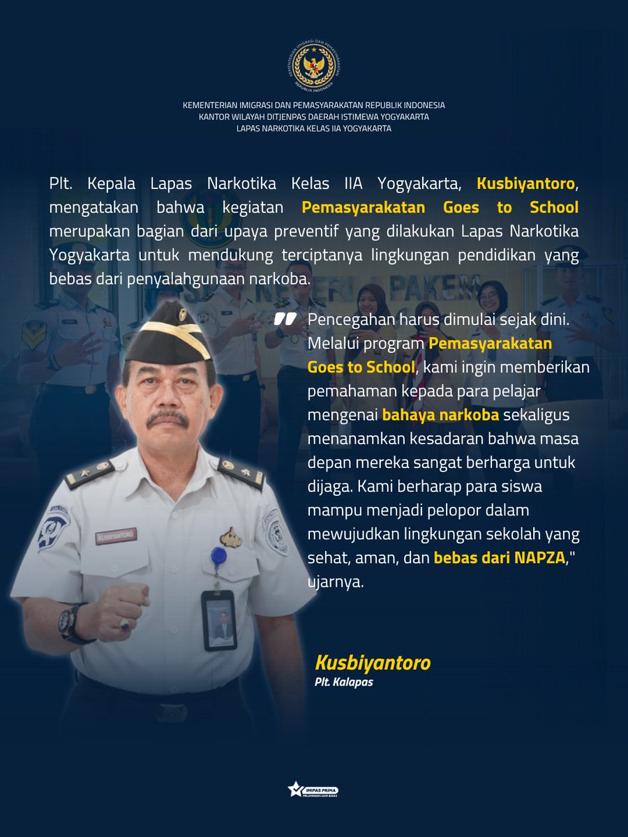lapsustik_yk's tweet photo. Lapas Narkotika Yogyakarta menunjukkan komitmennya dalam upaya pencegahan penyalahgunaan narkoba melalui program Pemasyarakatan Goes to School. Kali ini, jajaran Lapas Narkotika Yogyakarta hadir sebagai narasumber pada kegiatan MPLS di SMP Negeri 4 Pakem, Selasa (14/07/2026). https://t.co/oDKUmXrm2d