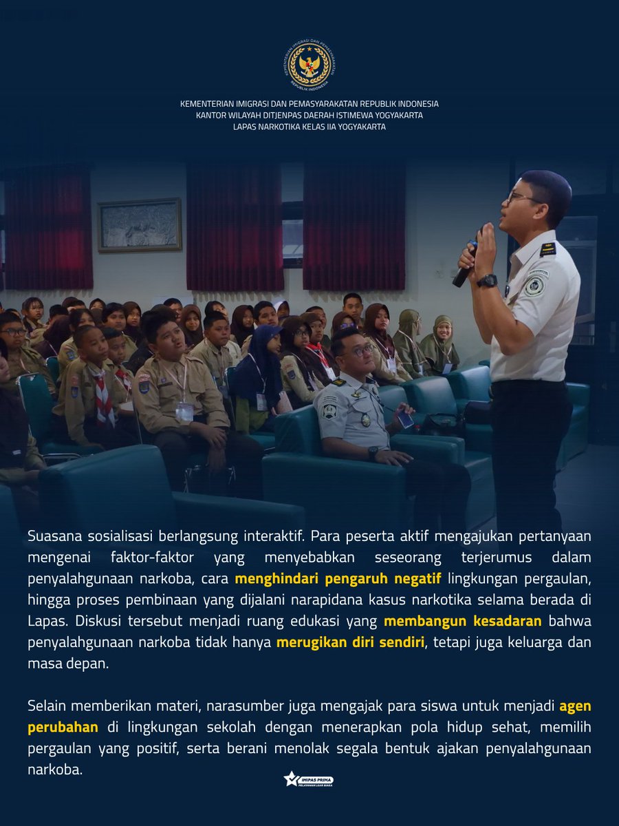 lapsustik_yk's tweet photo. Lapas Narkotika Yogyakarta menunjukkan komitmennya dalam upaya pencegahan penyalahgunaan narkoba melalui program Pemasyarakatan Goes to School. Kali ini, jajaran Lapas Narkotika Yogyakarta hadir sebagai narasumber pada kegiatan MPLS di SMP Negeri 4 Pakem, Selasa (14/07/2026). https://t.co/oDKUmXrm2d