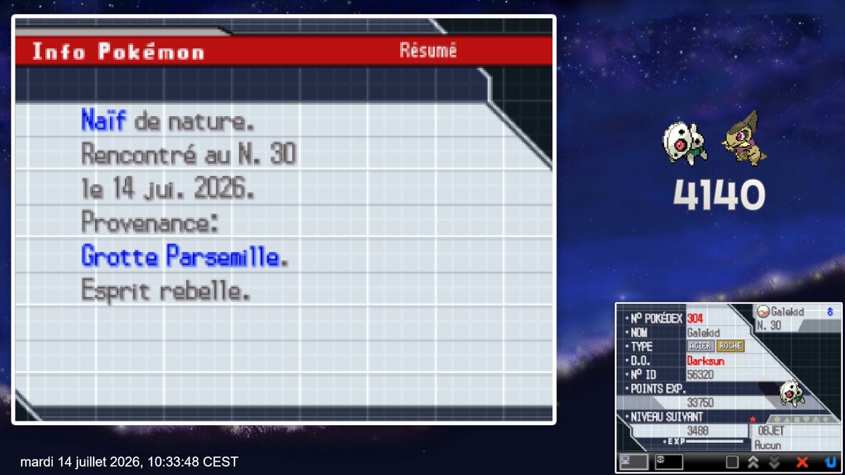 Darksuun's tweet photo. Galekid shiny qui tombe sur la recherche 50/50 Coupenotte NB2!
4140 rencontres à la Grotte Parsemille ✨✨
Très contente de la trouvaille il est vraiment chouette sur 5g ! qui plus ai il rempli une nouvelle case du bingo donné par @Lukisf22 ✨
#SHLS15 #PokemonWhite2 https://t.co/wyOBDNgIu0