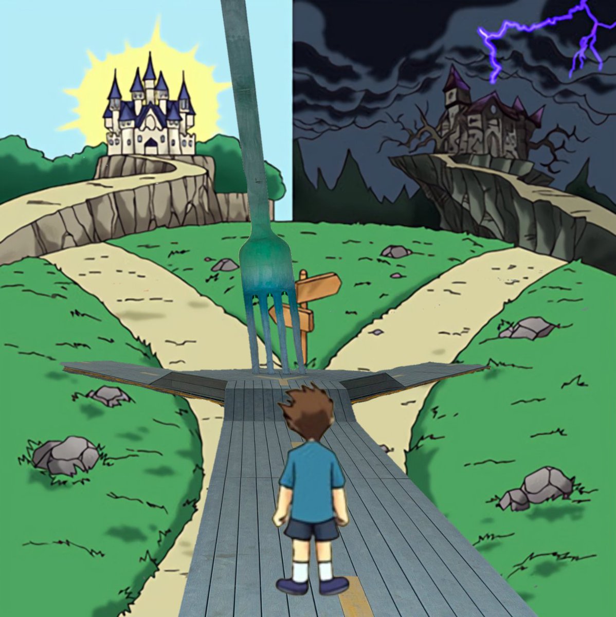 AFITR_DAO's tweet photo. @DimaZeniuk “Musk's fork-in-the-road artwork is so stunning: one path leads to Starship and a multi-planetary future, the other to single-planet confinement and eventual extinction risk—we're standing at this critical crossroads!”

#AFITR https://t.co/GlW8ywxzUp