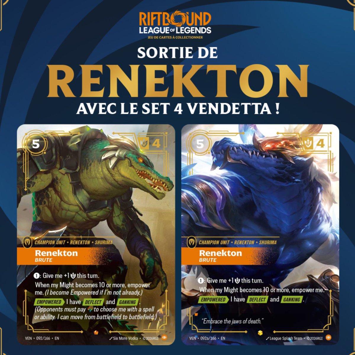 taNtaN_twitch's tweet photo. ⭐Vendetta プレビュー🔍

LoLフランスから新規カードが公開👊💥

 レネクトン最後の１枚❗️
激安パンプアップも凄いが、[エンパワー]状態でのスペル耐性も魅力😍

🔴Fuよりちょっとだけコストが軽いから、どっちを選ばれにするかちょっと迷うな…🤔

⛓https://t.co/Lun3O2pDYR
#playRiftbound #リフトバウンド
