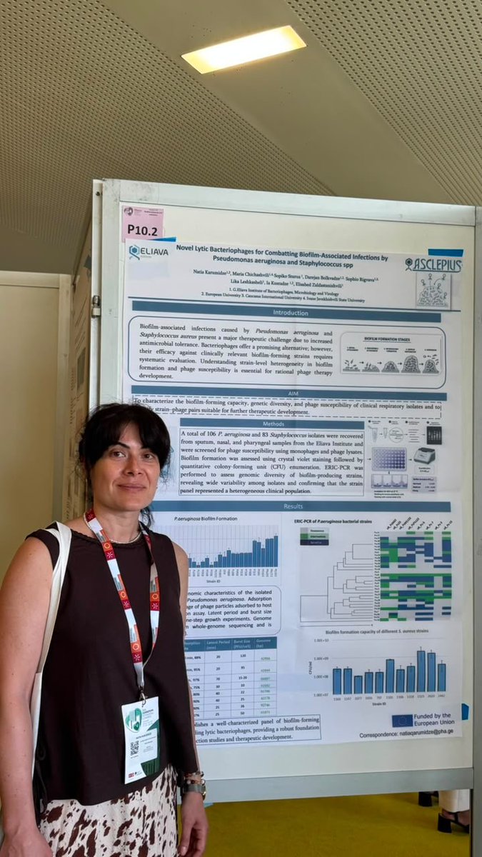 ASCLEPIUSproj's tweet photo. ASCLEPIUS researcher Natia Karumidze presented her work at EuroBiofilms 2026.

Her research explores novel lytic bacteriophages for combating biofilm-associated infections caused by Pseudomonas aeruginosa and Staphylococcus spp.

🔗 https://t.co/FS8L9QmKr7

#ASCLEPIUS https://t.co/TCVdGlglDE