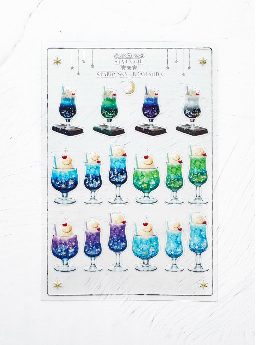 _lalaclover's tweet photo. 星空と鉱物のクリームソーダ標本🌙✨
3種類のシートシールが完成しました。

・PETシートシール
・ホログラムグリッターシール
・ぷっくり立体シール

個展にて先行販売いたします💫 https://t.co/4oeNdp4DcR