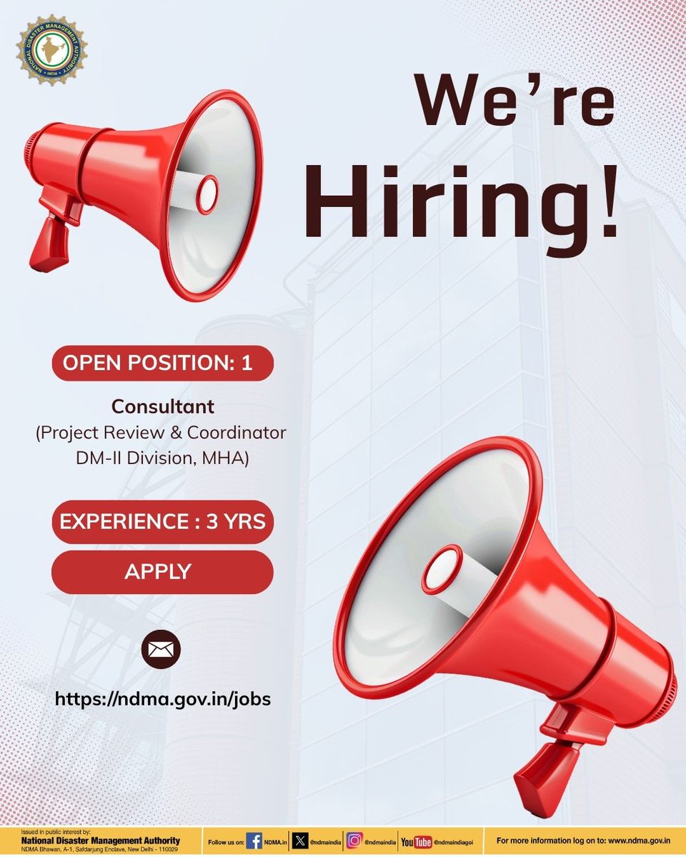 ndmaindia's tweet photo. Job Alert 📢📢📢
Advertisement for filling up position of Consultant (Project Review &amp; Coordinator DM-II Division, MHA) on Contract Basis. 
For more details: https://t.co/VycCqlBPQx
#NDMA 
#contractjobs 
#contractjobs
@HMOIndia
@ndmaindia
@Employ_News https://t.co/5crV12L4dQ