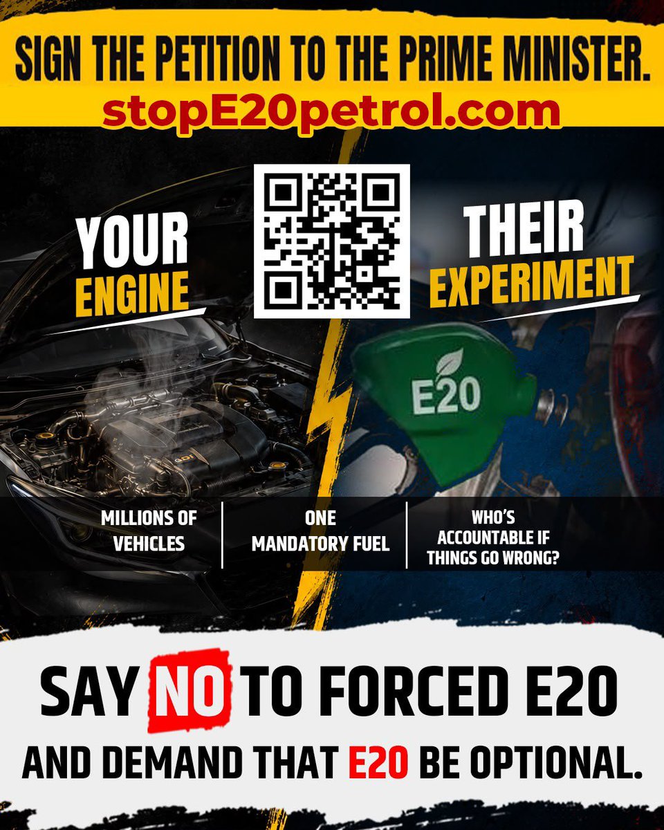 AAPAndhra_'s tweet photo. • No consultation with manufacturer
• No compensation for mileage loss
• No response to citizen complaints
• No real choice at the pump

✍️ Sign the petition to the Prime Minister and demand that E20 be made optional

#PetitionToStopE20 #StopE20PetrolDotCom https://t.co/mbDjJ6c4ET