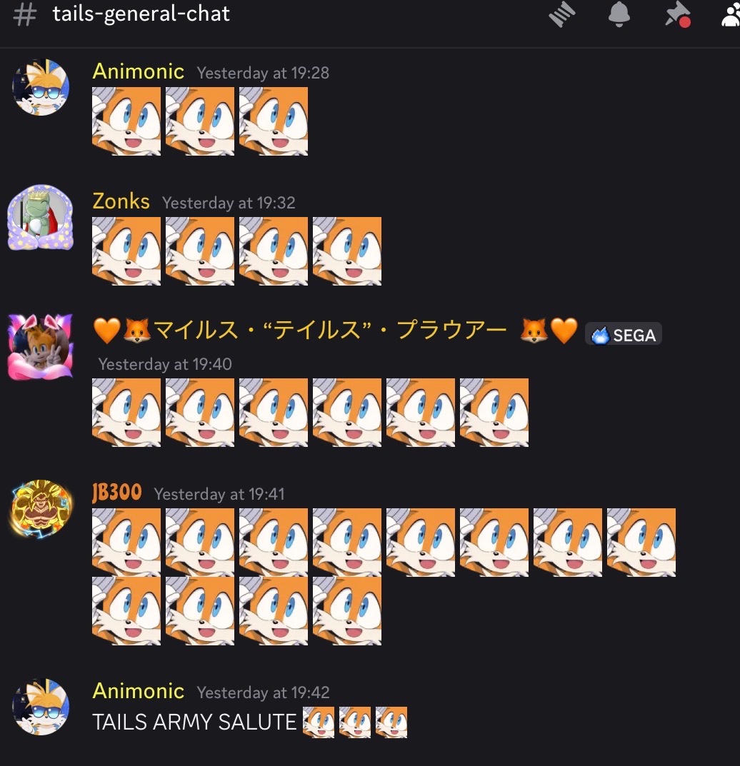 TheRealAnimonic's tweet photo. a normal day in tails army discord
#meme #discord #tails #tailsthefox #milestailsprower #sonic #sonicthehedgehog
everybody totally not doing the “Tails Army Salute” meme https://t.co/JMibS9qLkc