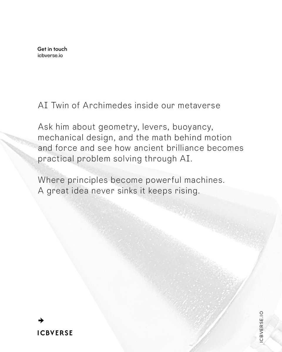 icbverse's tweet photo. Meet the AI Twin of Archimedes inside ICBVerse. ⚡

Discover geometry, buoyancy, mechanical design, and the math behind motion and force through AI.

Because the greatest ideas keep moving humanity forward.

#ICBVerse #Archimedes #Innovation https://t.co/pT15zC2Cep