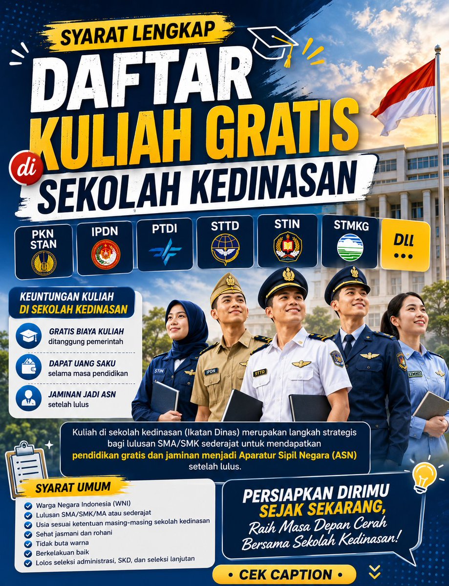 adajuga100's tweet photo. Syarat Lengkap Daftar Kuliah Gratis di Sekolah Kedinasan PKN STAN IPDN PTDI STTD STIN STMKG Dll 
https://t.co/NwvrF0SNV8 
#beasiswa #kuliah #kedinasan #sekolahkedinasan #cpns https://t.co/FDmKJYkSnc