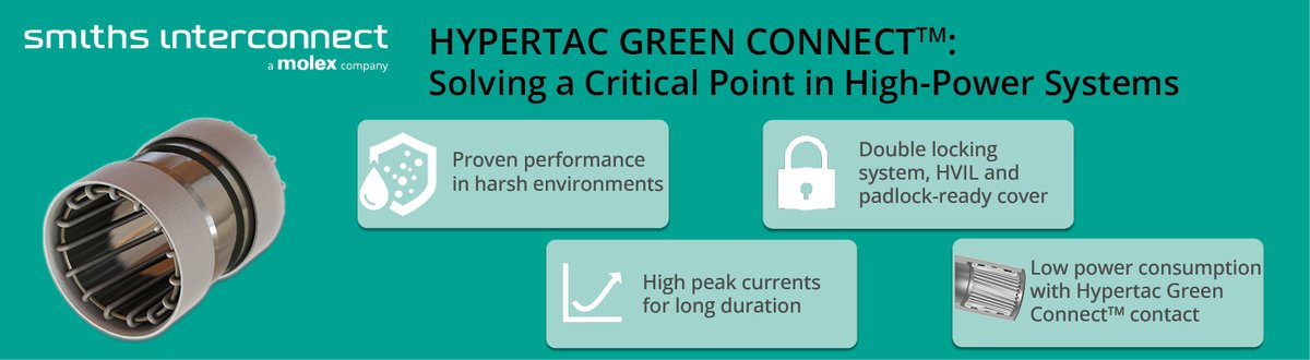 smithsinterconn's tweet photo. Designed for high power applications requiring superior &amp; long term performance in current carrying capacity, our premium Hypertac Green Connect contact technology offers a high power contact solution with unparallel low contact resistance. 
🔗Learn more: https://t.co/d5RIcGNQGm https://t.co/FkNRMQdjmy