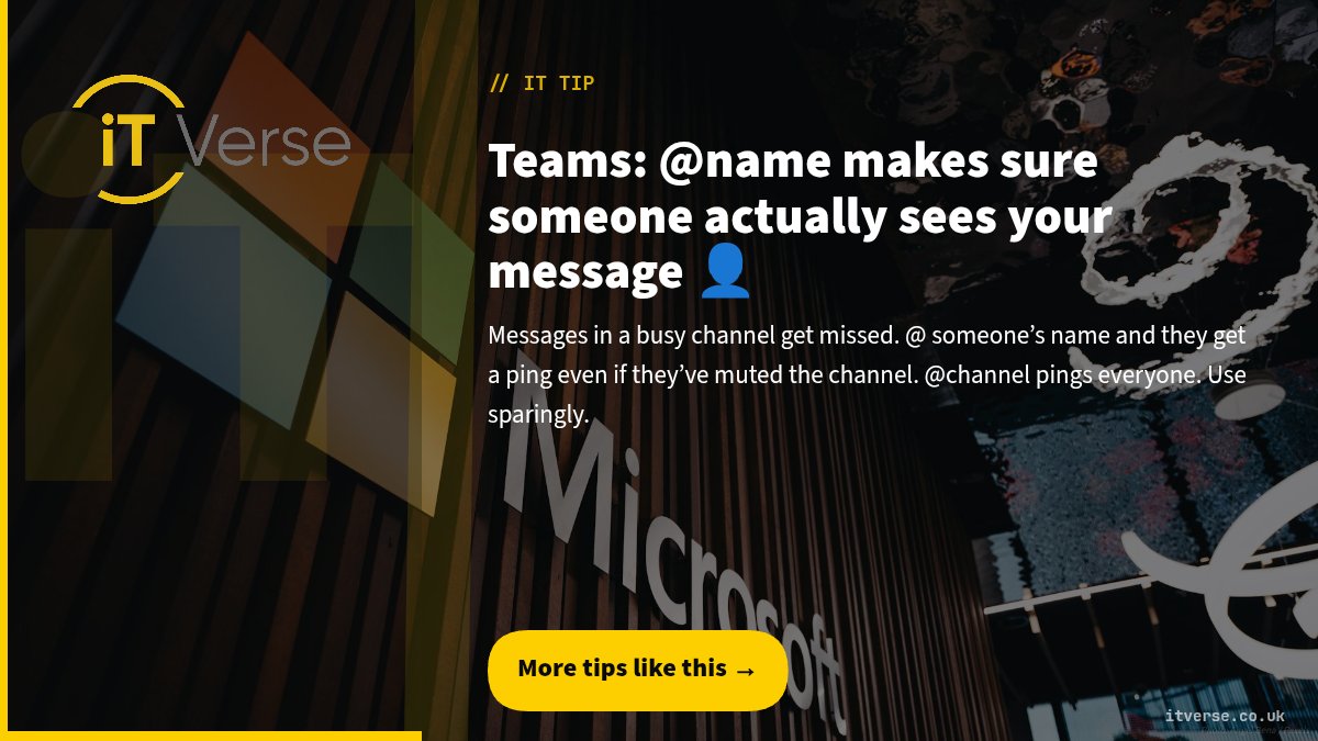 itverse_uk's tweet photo. Teams: @name makes sure someone actually sees your message π€
Messages in a busy channel get missed. @ someoneβs name and they get a ping even if theyβve muted th...
More tips like this β -> https://t.co/OBM3iVfyvu
#ITTip #TechTip #ManagedIT #ITSupport https://t.co/wvKHfudba5