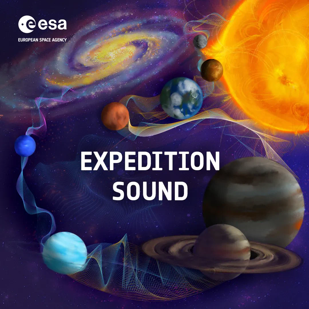 immagine del podcast Expedition Sound dell'ESA, che mostra il Sole nell’angolo in alto a destra. Dal Sole, un nastro fluido di linee colorate simili a onde attraversa lo sfondo blu scuro costellato di stelle, intrecciandosi tra i pianeti del Sistema Solare. Il nastro prosegue verso una galassia a spirale luminosa posizionata in alto a sinistra, collegando visivamente le destinazioni in tutto l’Universo.