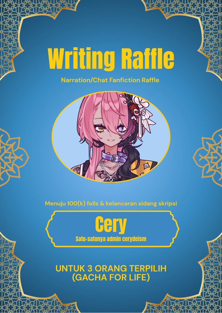 cerydeism's tweet photo. 🌀 Writting Fiction Raffle🩵

Untuk PO 100(k) folls, aku mau ngadain raffle kecil-kecilan, easek.

Rulesnya cuma 1, doain sidang aku besok lancar jaya tanpa kendala (AAMIIN)

Siapa aja boleh join, any kind of ship aku bikin kok. Komen aja mau narasi/chatfic 🥰 https://t.co/ts1kTyu7iW