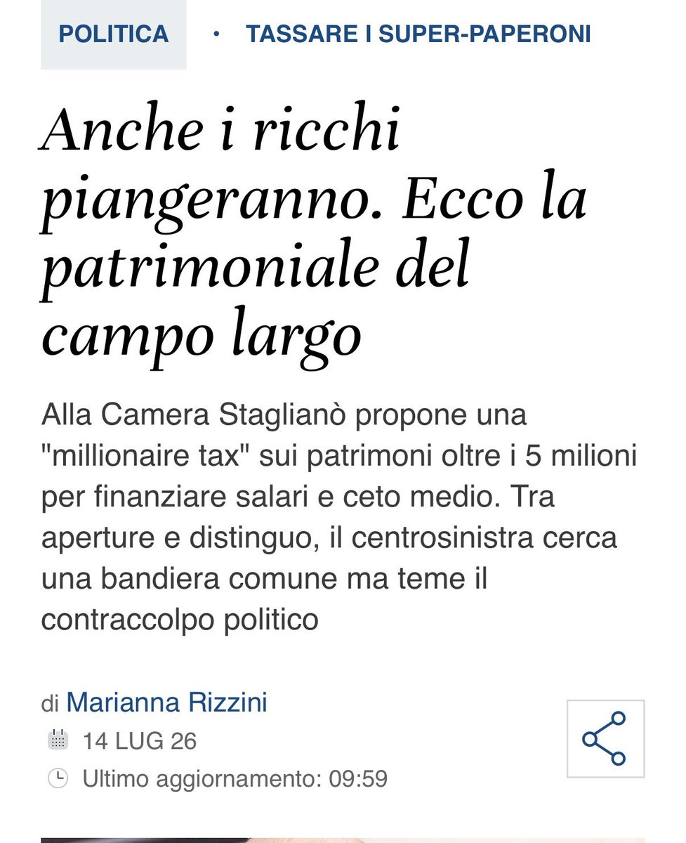 marattin's tweet photo. PURE IL CAMPO LARGO “NON FA IL RAGIONIERE” (cit).

Ieri in una conferenza stampa alla Camera tre massimi dirigenti del Campo Largo (Cecilia Guerra per il Pd, Elisabetta Piccolotti per Avs e Chiara Appendino per il M5S) sono tornate a proporre l’introduzione di una nuova tassa patrimoniale.

Hanno rassicurato tutti: colpirà solo 50 mila “milionari”.

I quali dovranno rinunciare, in media, solo a 6 mila euro l’anno. “Dovranno rinunciare ad un cappotto di cashmere!” è stato detto - in perfetto stile populista - in quella conferenza stampa.

In questo modo, si otterranno ben 13 miliardi da destinare alla sanità o comunque all’immancabile aumento di spesa pubblica in grado di risolvere tutti i problemi del Paese.

C’è però - tra i tanti - un problema particolarmente grosso.

50 mila X 6 mila non fa 13 miliardi.

Fa 300 milioni (il 2% di quella cifra).

Sembra proprio quindi che anche il Campo Largo - proprio come Vannacci - “non fa il ragioniere”.

Però ce l’ha a morte con i cappotti di cashmere.