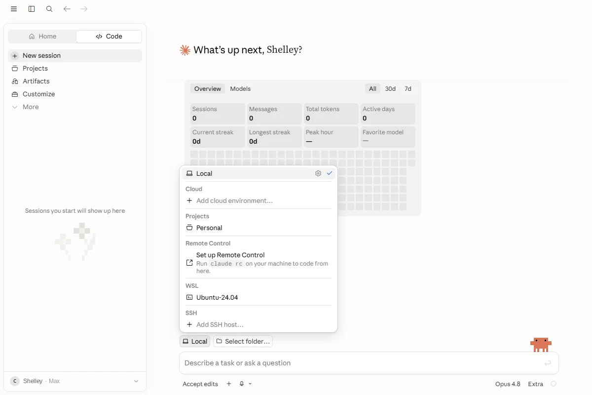 Claude Code Desktop's environment picker open on the Code tab, showing a new WSL section with an Ubuntu distro selected alongside the existing Local and SSH options.