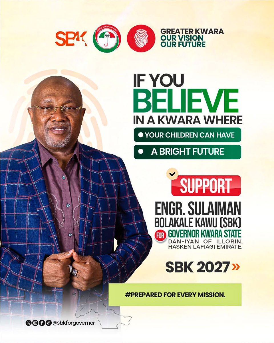 shola_sidiq's tweet photo. The journey toward a safer, stronger, and more prosperous Kwara continues.
We proudly present Engr. Suleiman Bolakale Kawu (SBK), a tested, trusted, and visionary leader aspiring to serve as the next Governor of Kwara State.

#SupportTheVision 
#SupportTheProgress
#SupportSBK https://t.co/oIGGhk5CrN