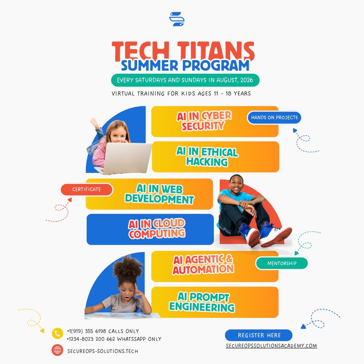 Idesignuiux's tweet photo. If your kid can prompt AI but can't explain the answer... that's the gap.
Tech Titans (Cohort 2) teaches ages 11–18 to think with AI, not just use it — AI, Cybersecurity, Ethical Hacking, Web Dev, Automation.
📅 Sat &amp; Sun, August 2026
🔗 https://t.co/cysuRC6DzB https://t.co/tlWmgbLekj