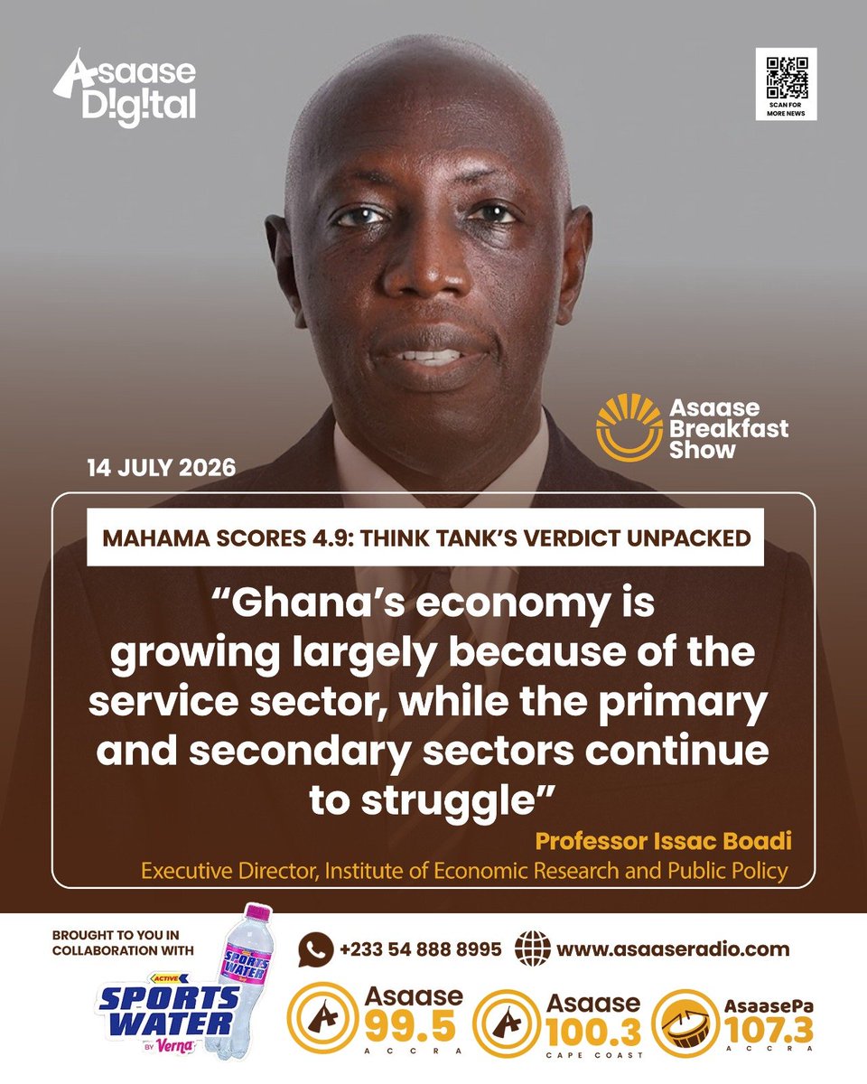 asaaseradio995's tweet photo. Ghana’s economy is growing largely because of the service sector, while the primary and secondary sectors continue to struggle - Professor Issac Boadi – Executive Director, Institute of Economic Research and Public Policy
#AsaaseBreakfastShow #AsaaseRadio #AsaaseNews | #Asaase https://t.co/nWP3VyTelJ