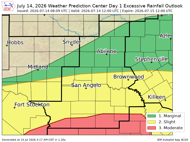 Nick_Weather's tweet photo. WPC issues Day 1 Moderate Risk Excessive Rainfall Outlook at Jul 14, 8:09z for SJT https://t.co/ysqueL01gN https://t.co/qbDZPScOYE