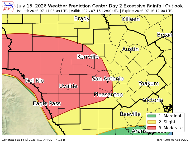 Nick_Weather's tweet photo. WPC issues Day 2 Moderate Risk Excessive Rainfall Outlook at Jul 14, 8:09z for EWX https://t.co/ysqueL01gN https://t.co/Gwe3mEHhGz
