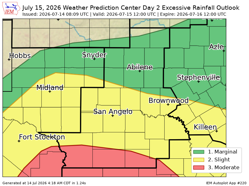 Nick_Weather's tweet photo. WPC issues Day 2 Moderate Risk Excessive Rainfall Outlook at Jul 14, 8:09z for SJT https://t.co/ysqueL01gN https://t.co/N3V82pwfvU