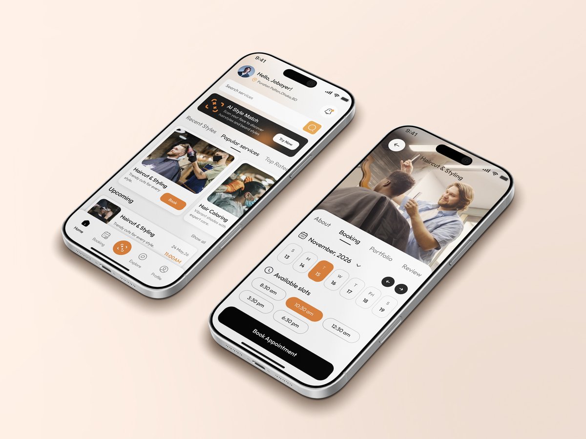 agamisoft_ltd's tweet photo. 💈 AI‑Powered Barbershop Booking App UI/UX. Smart style matching, appointment scheduling &amp; seamless service flows. Clean layouts + modern barber UI for salons &amp; grooming. Built for usability, trust &amp; conversion. #BarbershopApp #UIUX #MobileApp #SalonBooking #AppDesign https://t.co/POvbpi7J6s