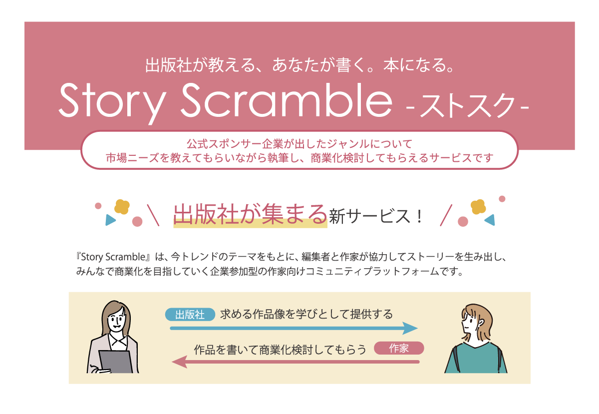 StoryScramble's tweet photo. 文学フリマ札幌11 に出展します

日時：7/20(祝月) 11:00〜16:00
場所：札幌コンベンションセンター
ブース：A-09〜10

★出版社中心11社が参加中★

日本最大級の小説賞『ネット小説大賞』
プロデュースの新サービス！

出版社が求める作品像を発信し
作家が商業化を目指す
新プラットフォームです🎉 https://t.co/YMFt7315t5