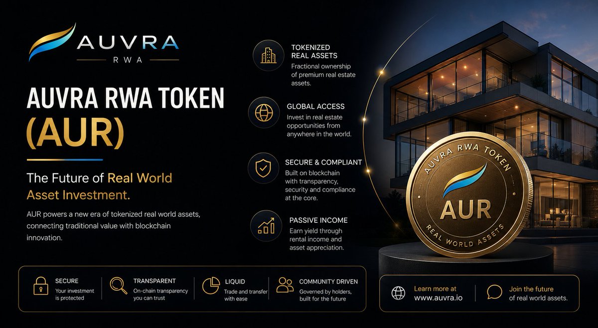 AuvraRWA's tweet photo. Tokenize the World with AUVRA RWA.

#AUVRA #AUR #RWA #Tokenization #Web3 https://t.co/D8nuY7yyKC