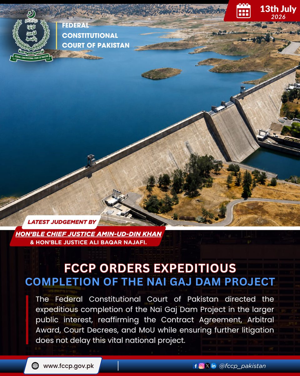 FCCP_pakistan's tweet photo. FCCP set aside the Sindh High Court's orders and directed that the remaining work on the Nai Gaj Dam be completed strictly in accordance with the original contract, the arbitral award, and 2021 MOU.
#latestjudgement #fccp https://t.co/oUpxnoKfBA